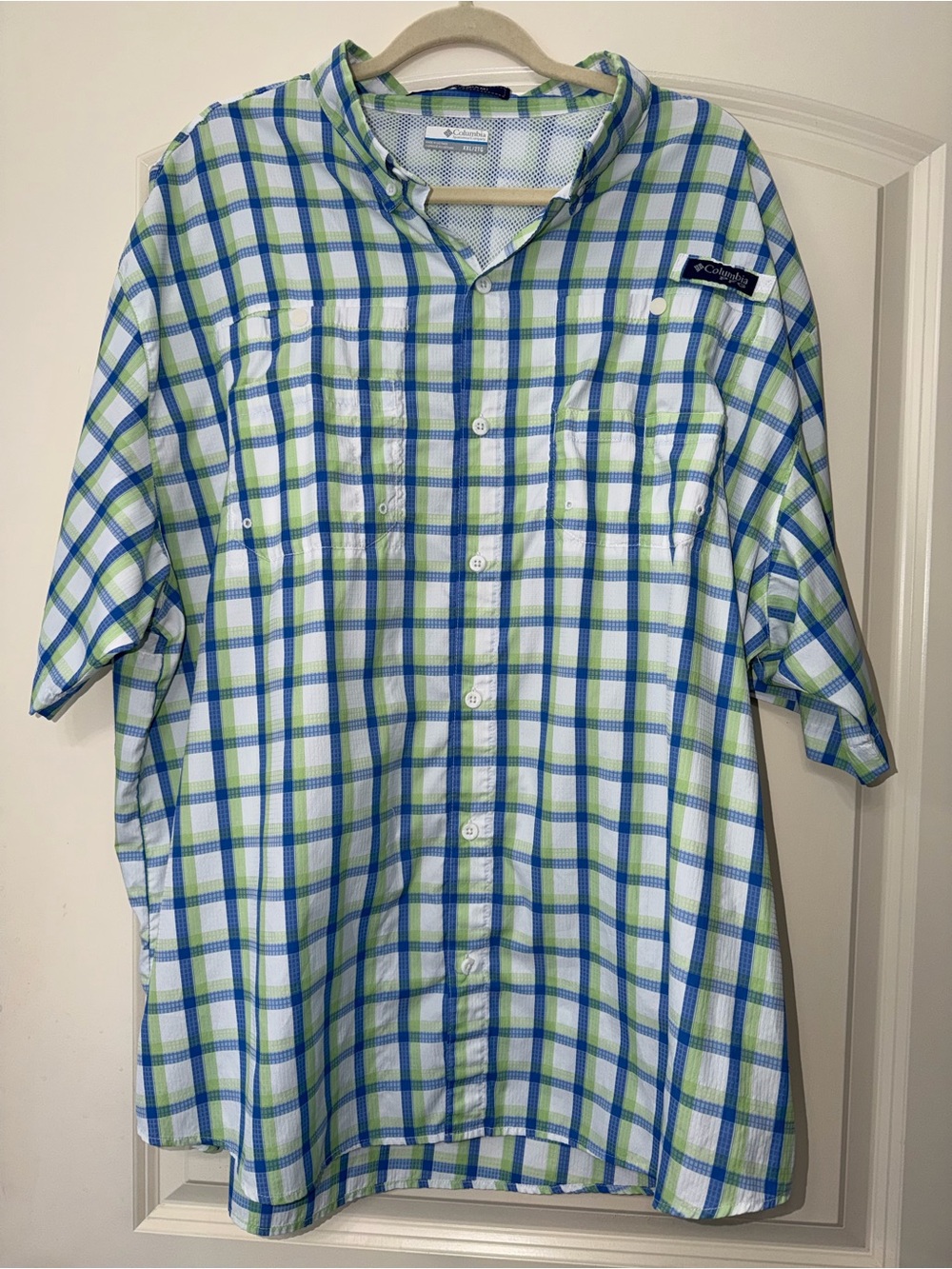Men’s 2X Columbia PFG Blue Green Plaid Short Sleeve Fishing Shirt